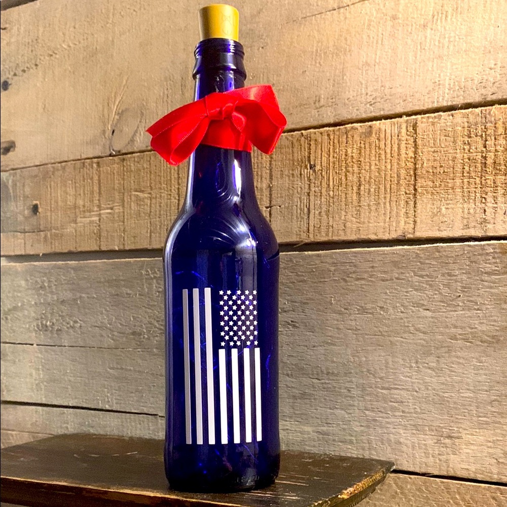 Handcrafted -Blue Bottle lantern with American Flag Design